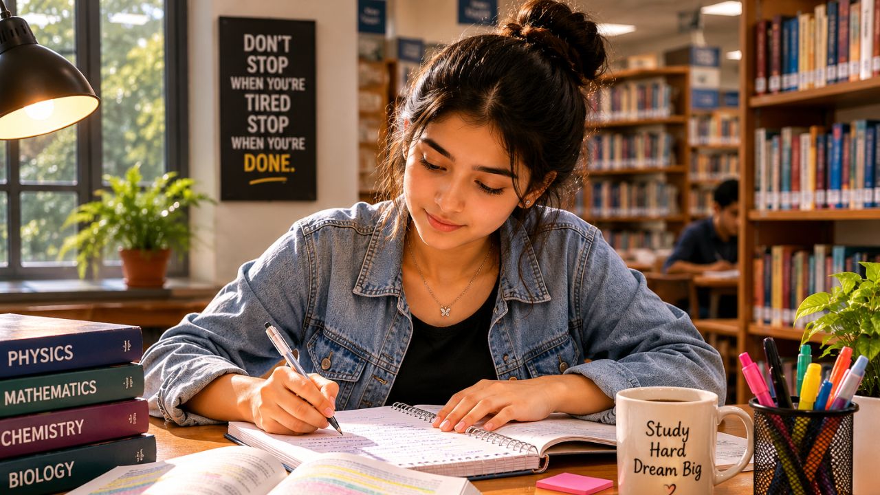 student in library