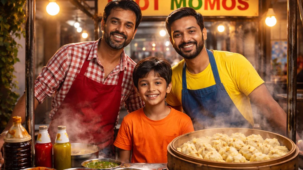 two momo sellers with a boy