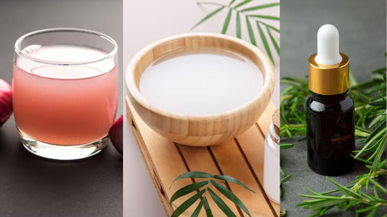 onion  juice, rice water and rosemary oil