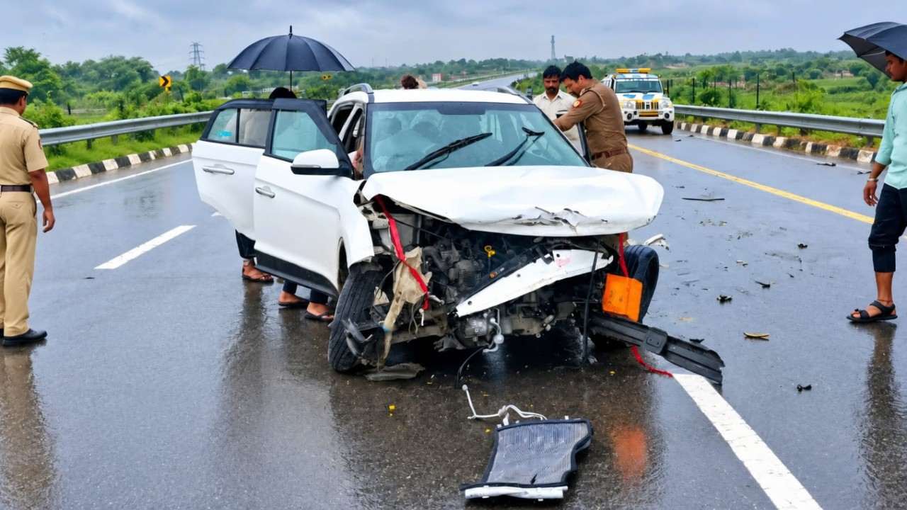 एक्सप्रेस वे पर खड़ी दुर्घटनाग्रस्त कार और पुलिस, Photo Credit: Social Media