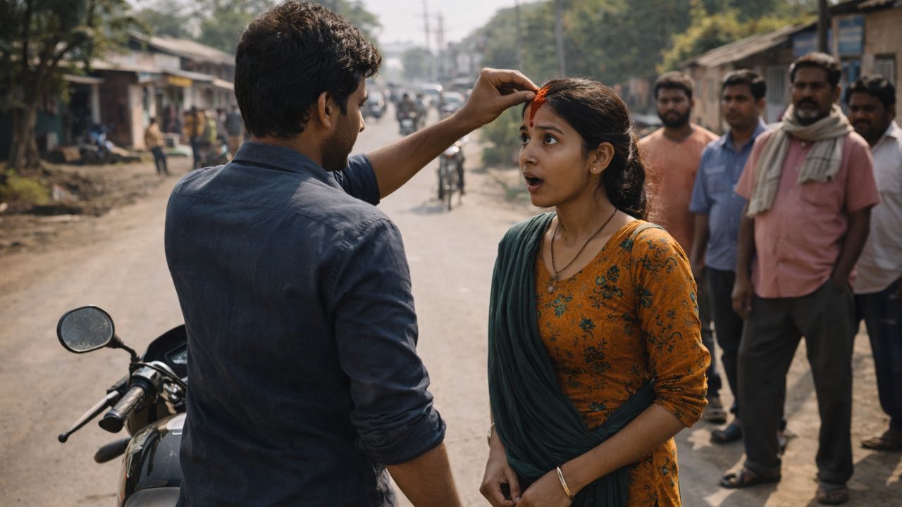 boy stopped bike and sindoor on girlfriend