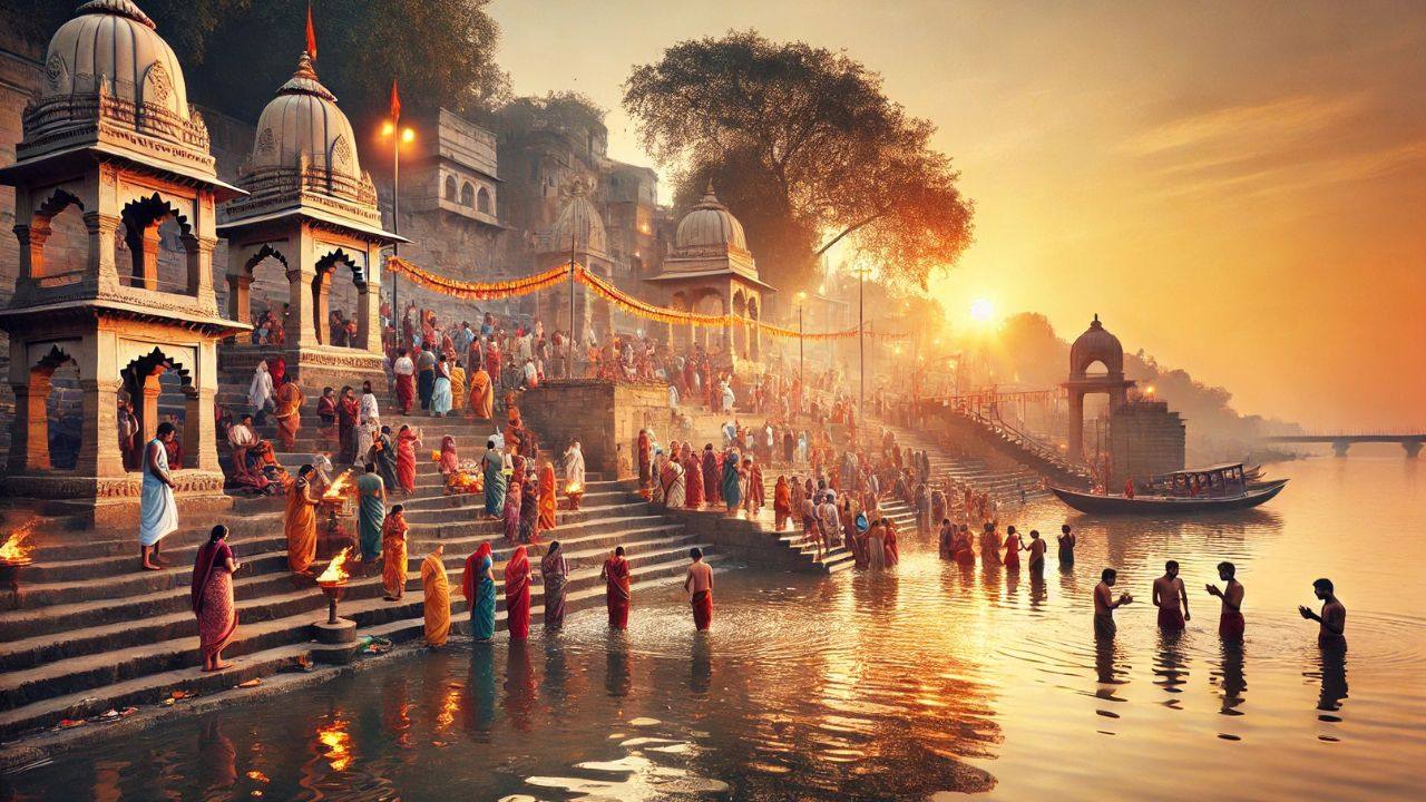 AI Image of people taking dip in ganga