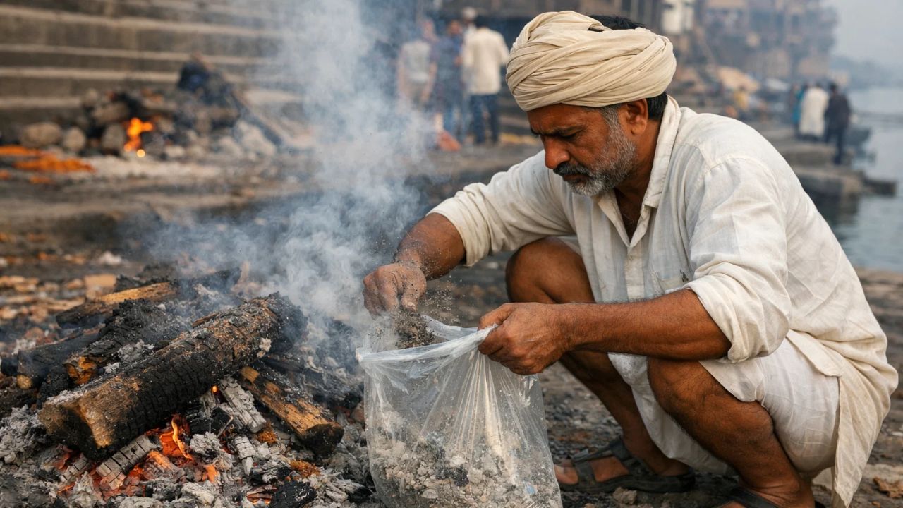 ai generated image of a man collecting ash from pyre