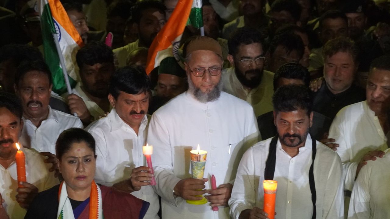 Asaduddin Owaisi and Telangana CM Revanth Reddy in candle march.