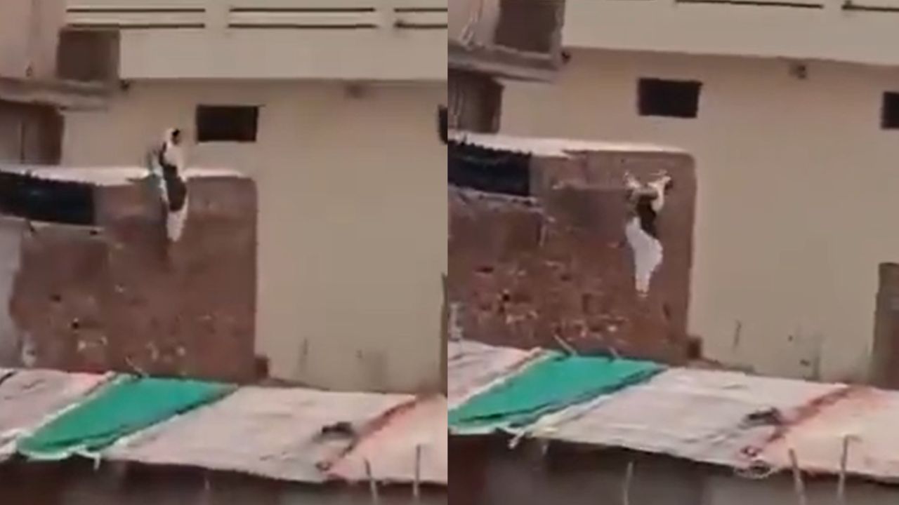 Woman jumping from hotel roof.