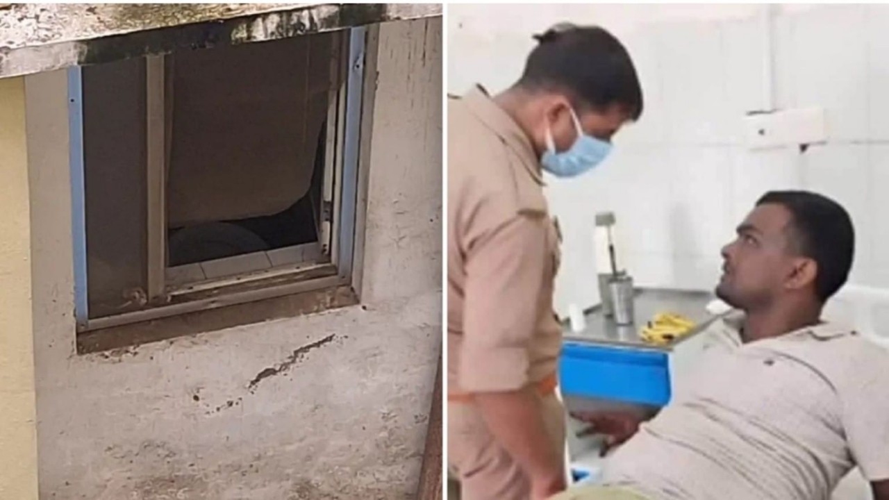 अस्पताल के बाथरुम की टूटी जाली व भर्ती सुधीर पासी,Photo Credit : Social Media