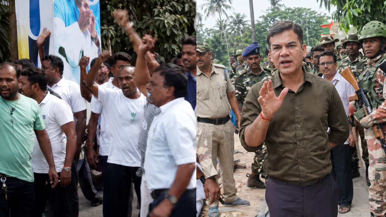 विरोध प्रदर्शन करते टीएमसी समर्थक और अजय पाल शर्मा । Photo Credit: Videograb