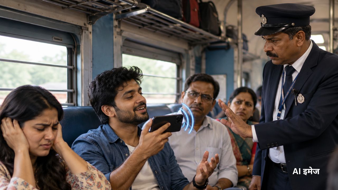 AI Image on Indian Train Man using loudspeaker ट्रेन
