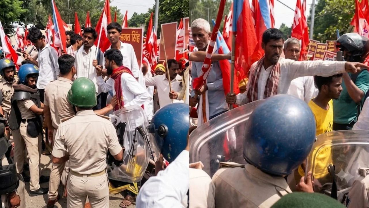 student and farmer protest in patna