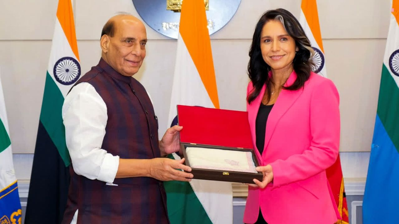 Rajnath Singh and Tulsi Gabbard । Photo Credit: PTI