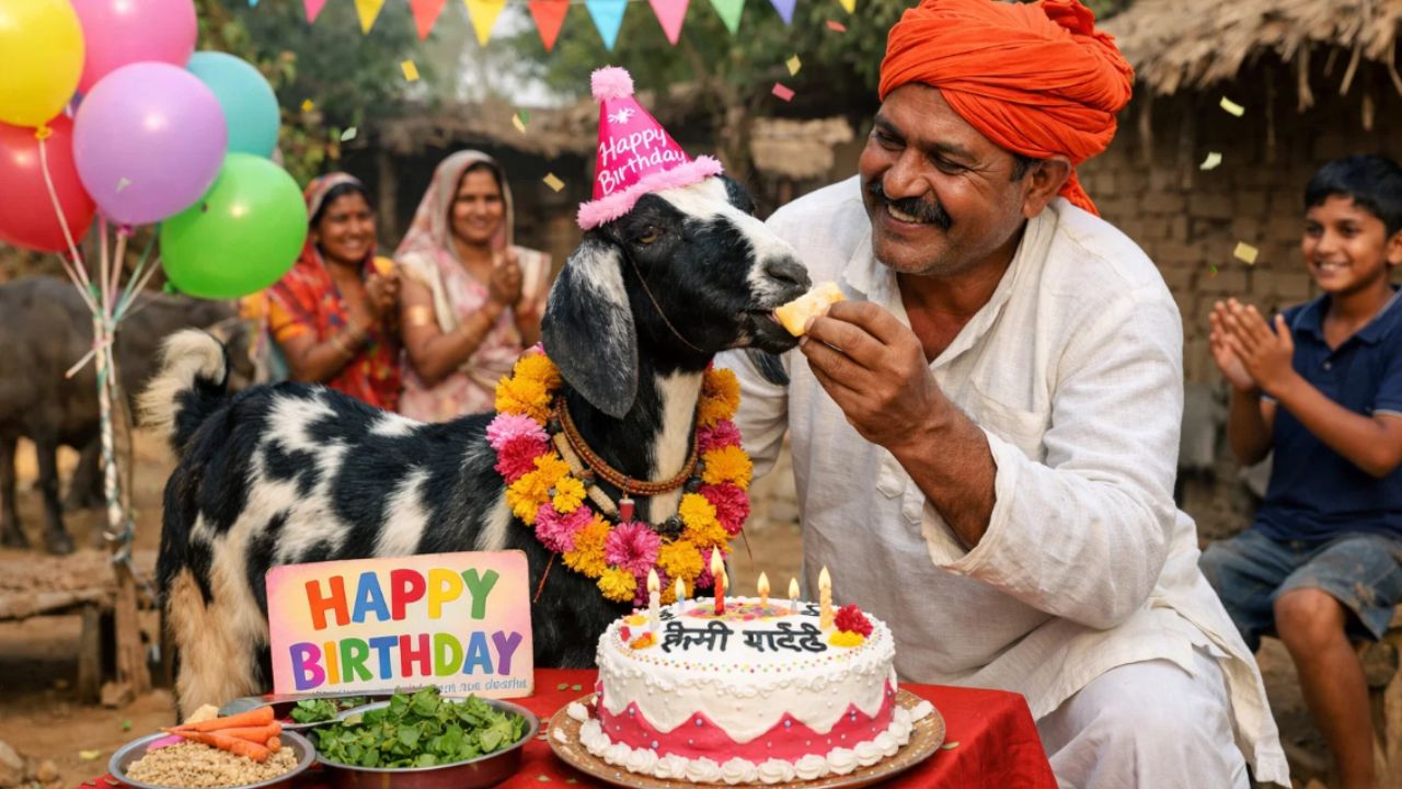 a man celebrates birthday of goats