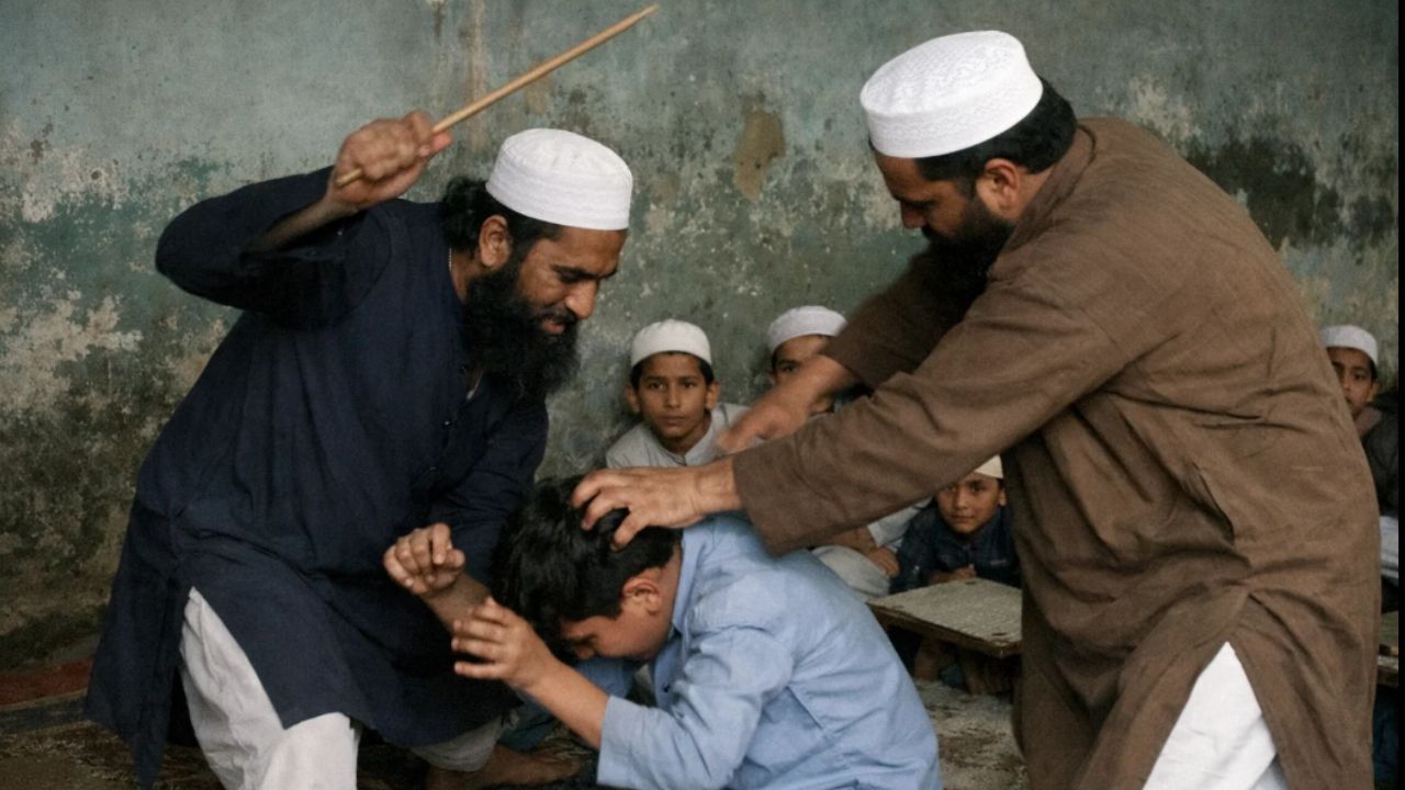two Maulvis are brutally beating a boy