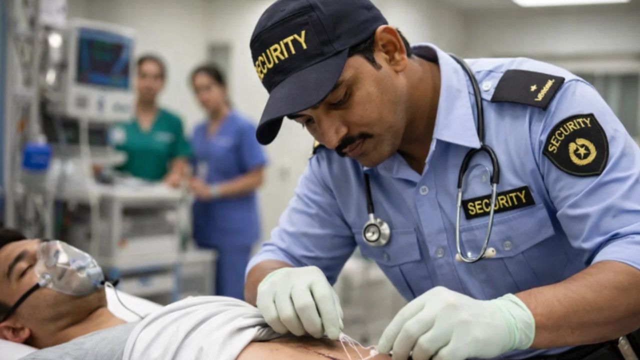 guard became the doctor and stitched the patient 