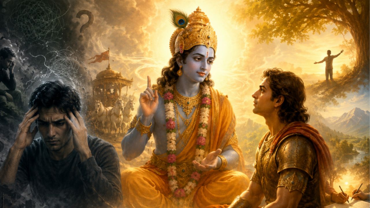 Lord Krishna giving advice to Arjun