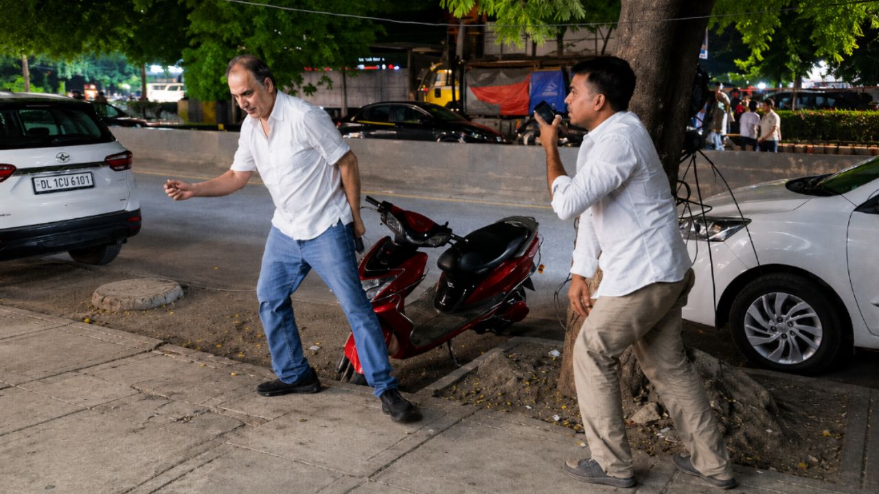 Stopping man from spitting on the road