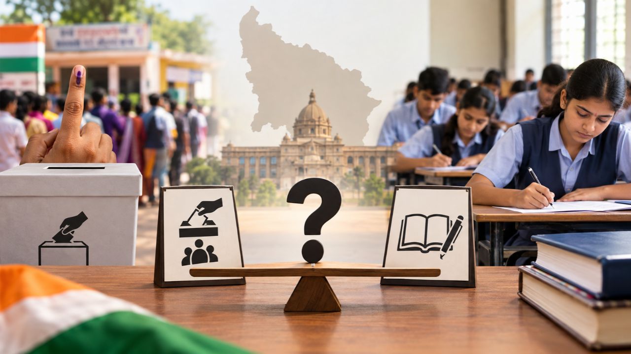 बोर्ड परीक्षा और विधानसभा चुनाव की प्रतीकात्मक तस्वीर