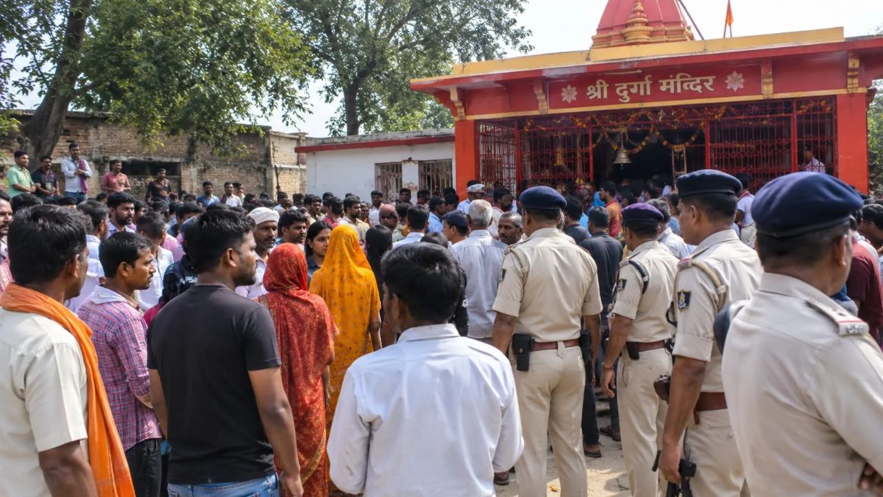 मंदिर के बाहर लगी भीड़ की AI Generated तस्वीर