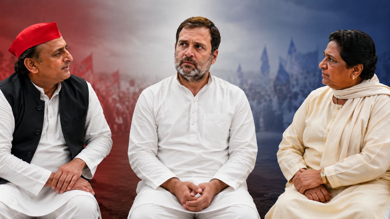 ai generated image of akhilesh yadav, rahul gandhi and mayawati