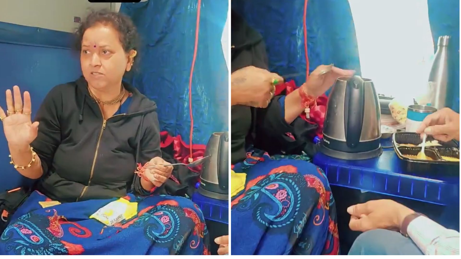 women cooked maggi Using electronic kettle inside train