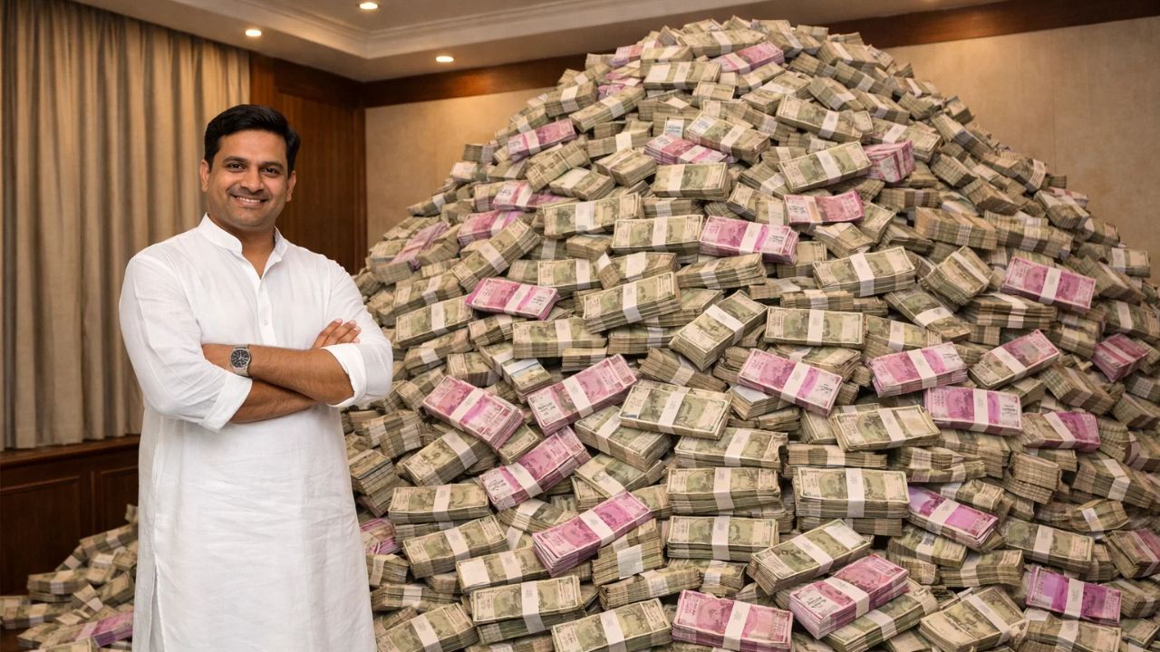 representative image of a man with huge pile of currency notes