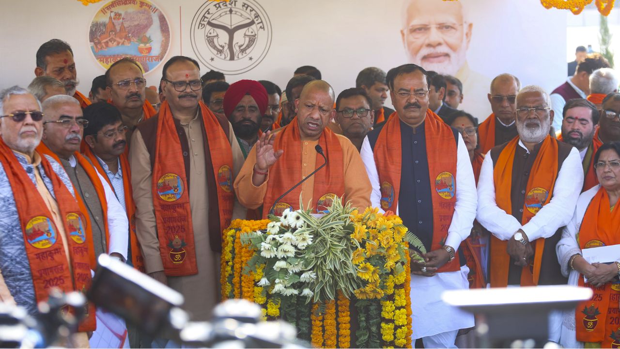 yogi adityanath after cabinet meeting in mahakumbh। Photo Credit: PTI